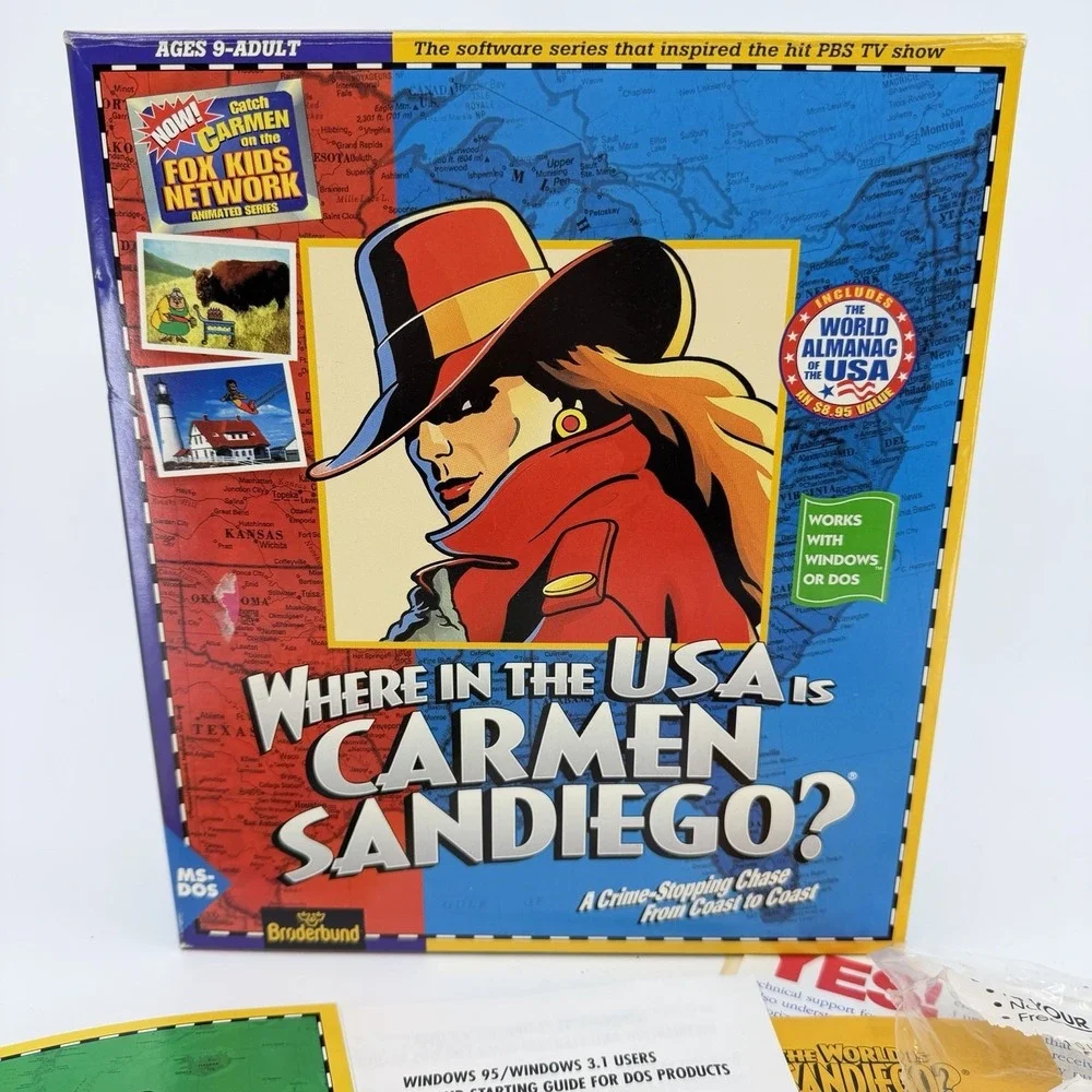 Where In The USA Is Carmen Sandiego Box Microsoft IBM PC 4 Floppy Disks Vtg‎